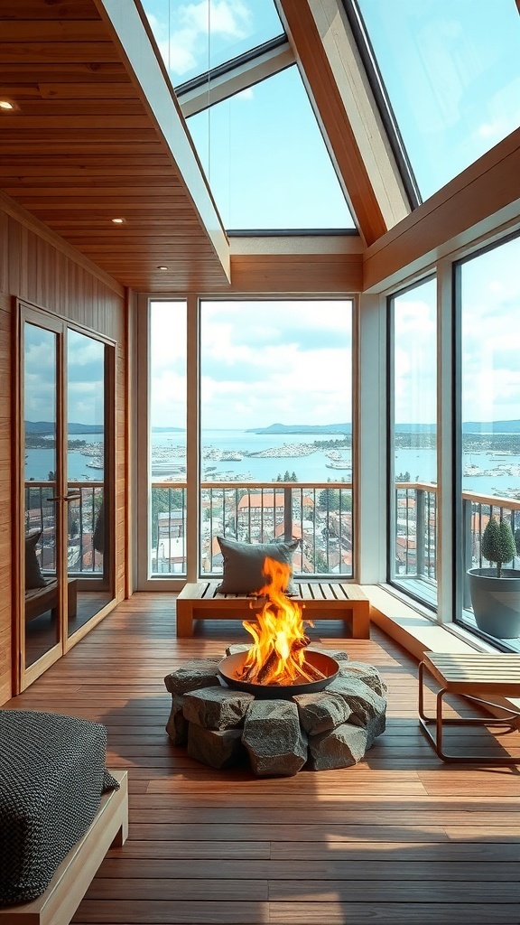 A modern sauna interior featuring a central fire pit surrounded by stone, large windows, and wooden decor.