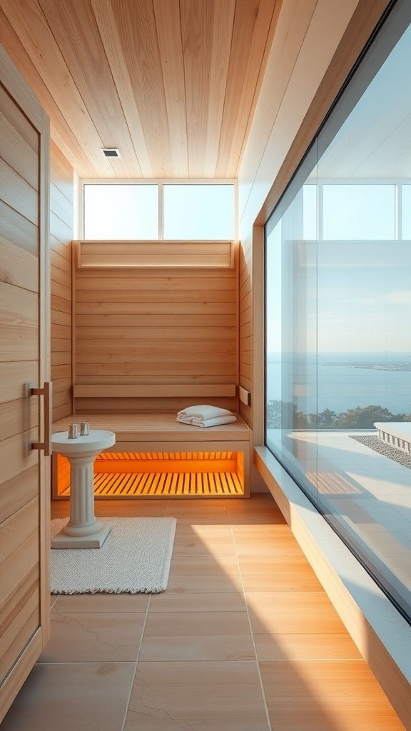 Modern sauna interior with heated floor, wooden walls, and large glass window