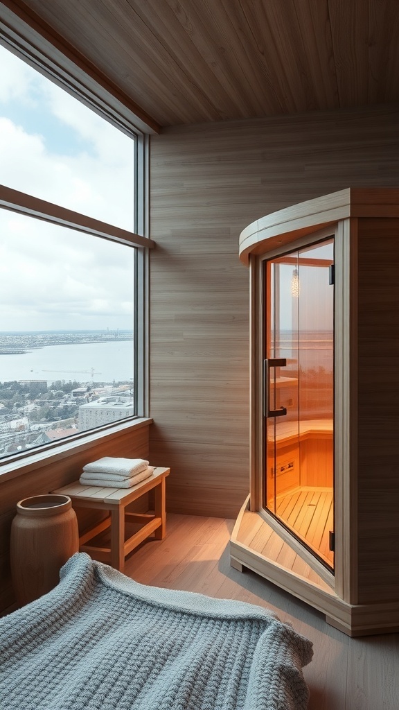 A modern infrared sauna with large windows and a wooden interior, showcasing a cozy and stylish design.