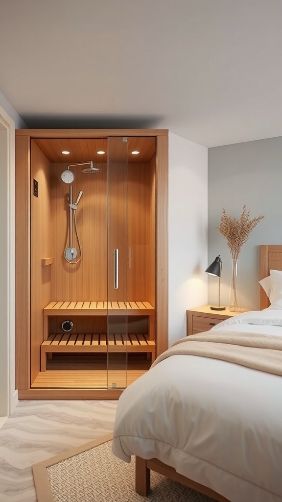 A modern sauna integrated with a shower space, featuring wooden elements and glass doors, located in a bedroom setting.