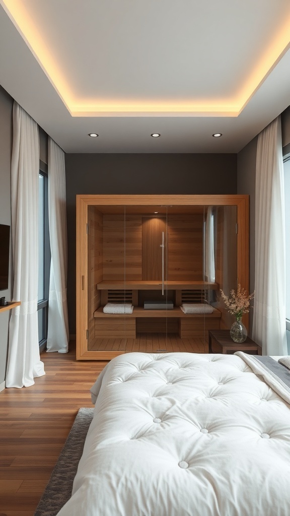 A cozy bedroom featuring a wooden sauna and integrated shower space, with large windows and soft bedding.