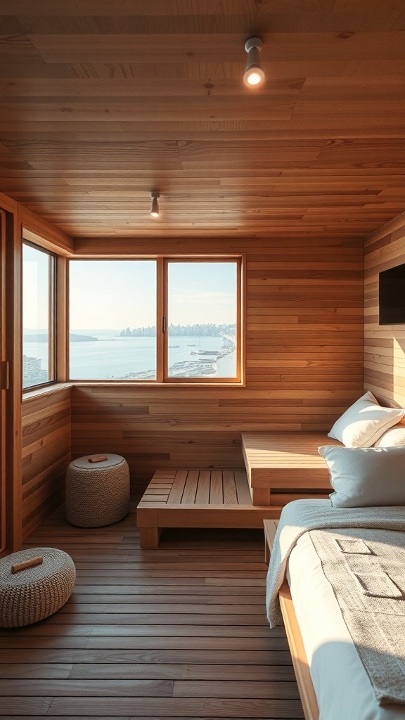 A cozy sauna with wooden interior and large window overlooking a scenic view, featuring an integrated sound system.