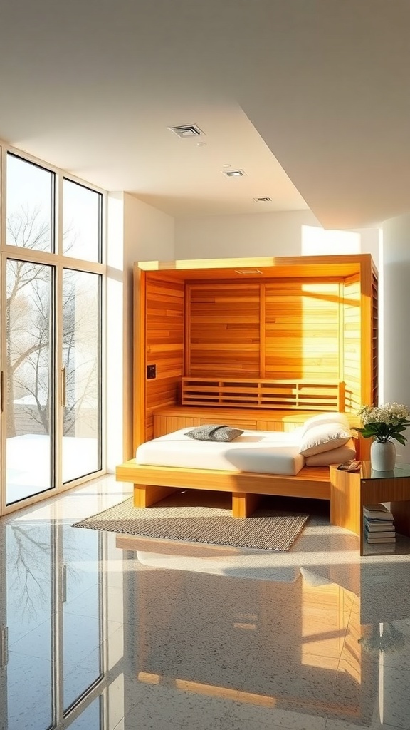 A bright sauna with large windows, wooden interior, and a cozy atmosphere.