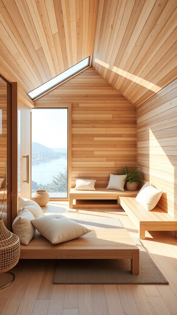 A serene sauna interior with wooden walls, large windows, and comfortable seating, designed for relaxation and meditation.
