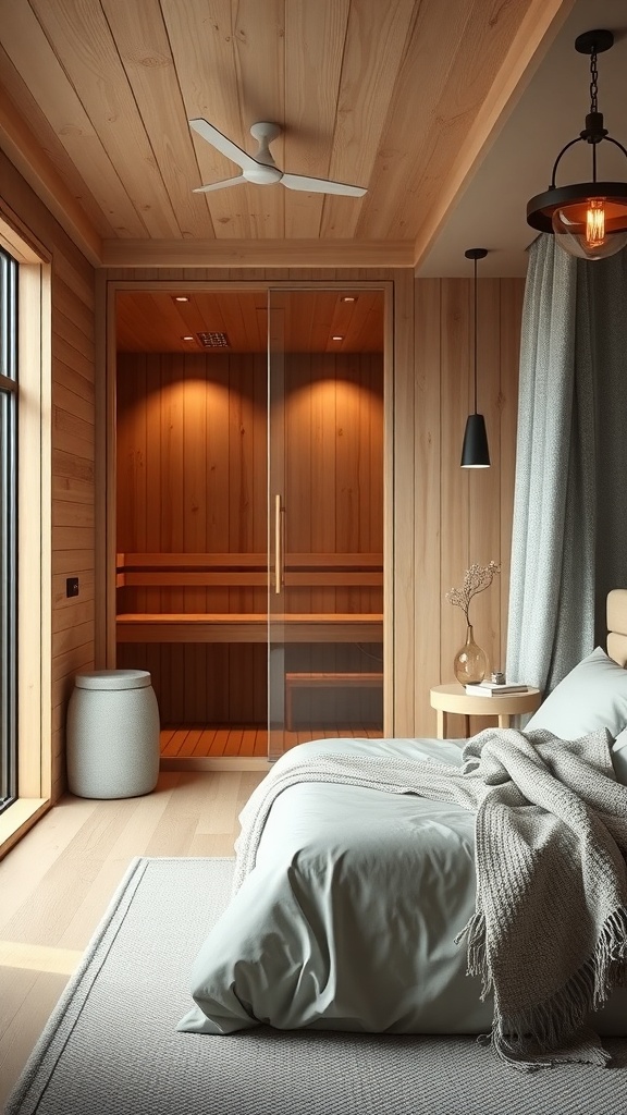 A cozy bedroom with a sauna in the corner, featuring wooden walls and a glass door.