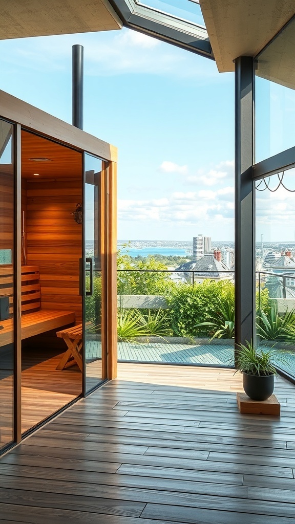 A modern sauna with large glass walls and an outdoor shower, surrounded by greenery.