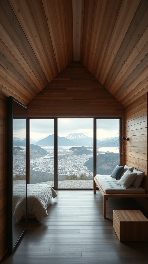 A sauna interior with large windows showcasing panoramic mountain views.