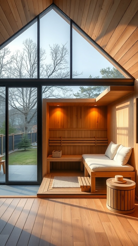 A modern sauna with large windows and wooden interior, featuring a bench and outdoor access.