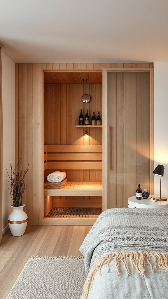 A cozy bedroom sauna with a refreshment bar, featuring wooden interiors and soft lighting.