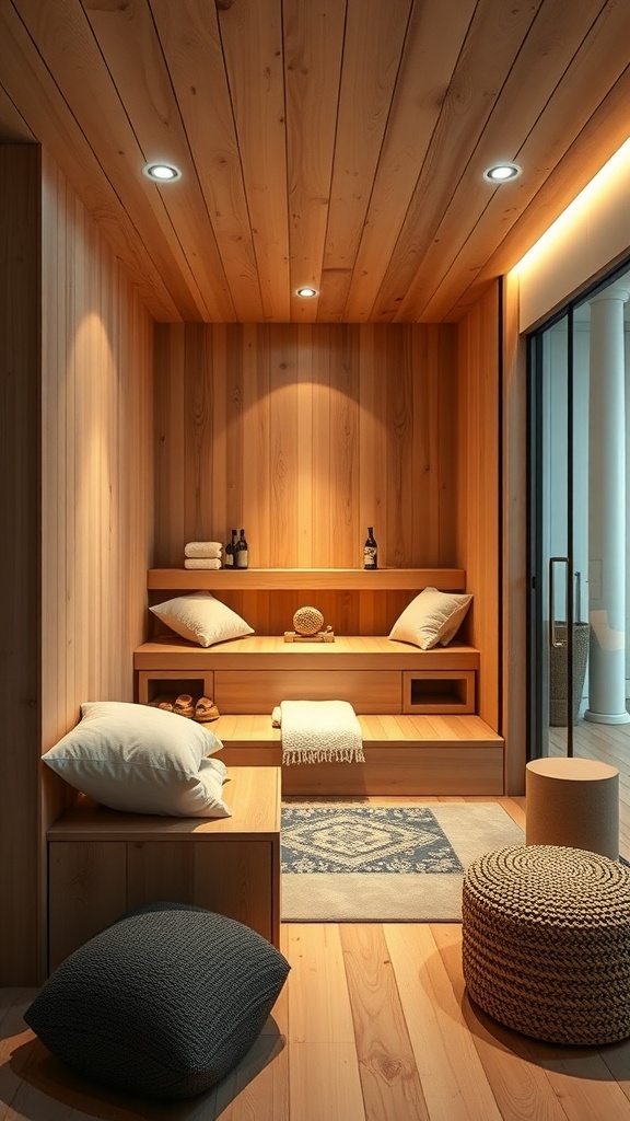 A cozy sauna with wooden walls, soft lighting, and a relaxation lounge area featuring cushions and a small table.