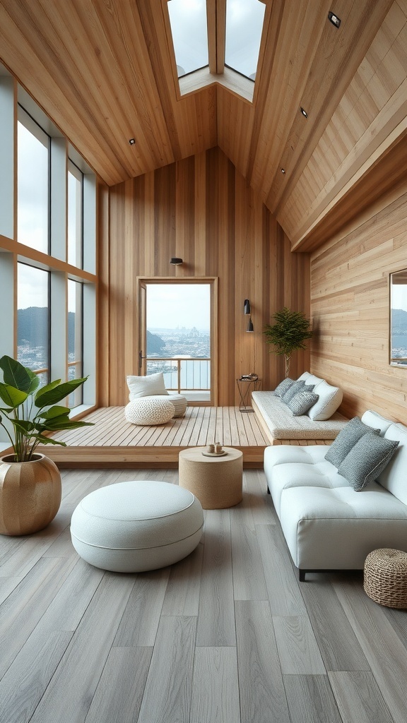 A modern sauna with a relaxation lounge featuring wooden walls, large windows, and comfortable seating.