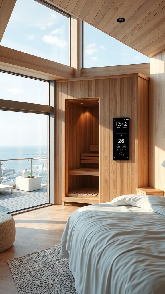 A modern sauna with smart home integration, featuring large windows and a sleek design.