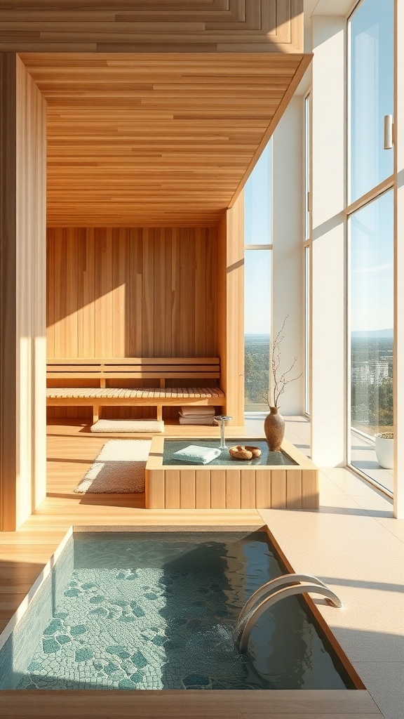 A modern sauna interior featuring wooden walls, a small pool with a waterfall, and large windows.