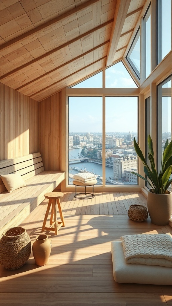 A modern sauna interior with large windows, wooden walls, and a wellness bar, overlooking a city view.