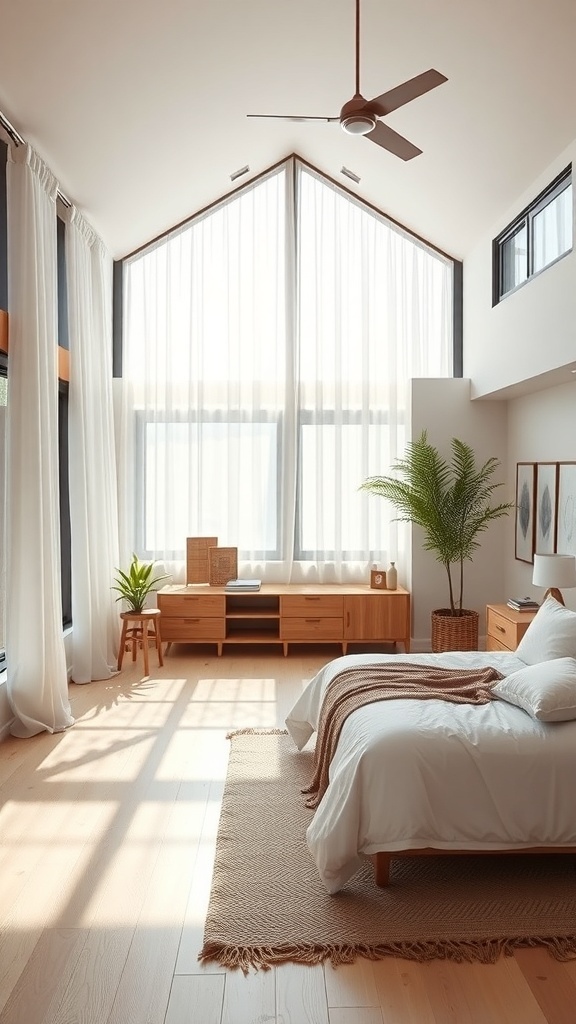 A bright and airy bedroom featuring Scandinavian-inspired furniture, large windows with sheer curtains, and a cozy atmosphere.