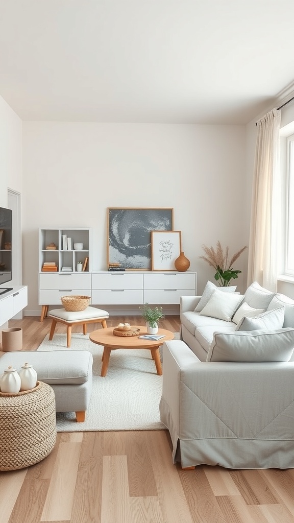 Scandinavian-inspired living room with light colors and natural materials.