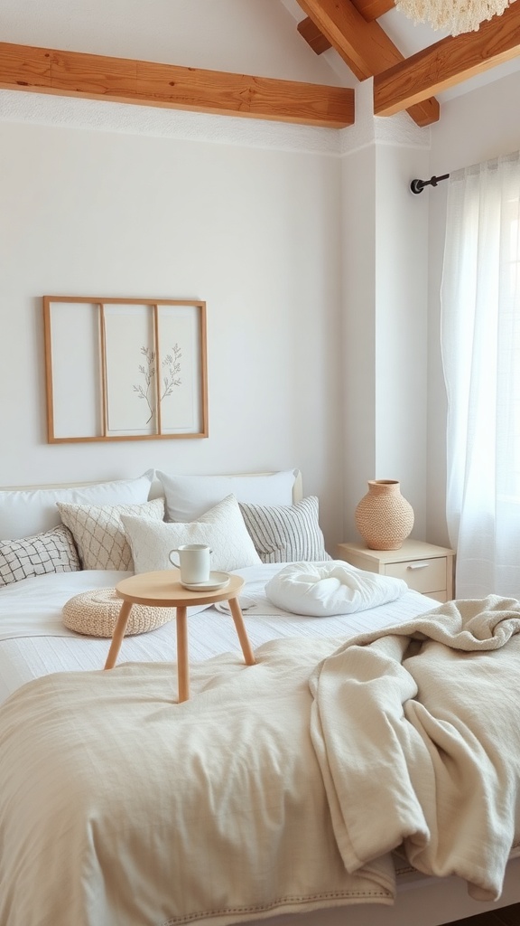 Cozy Scandinavian bedroom with neutral textiles and minimalist decor.