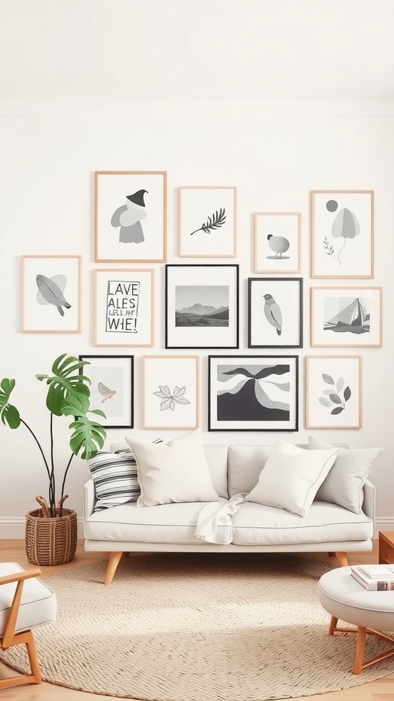 A cozy living room featuring a gallery wall with various framed art pieces in neutral tones.