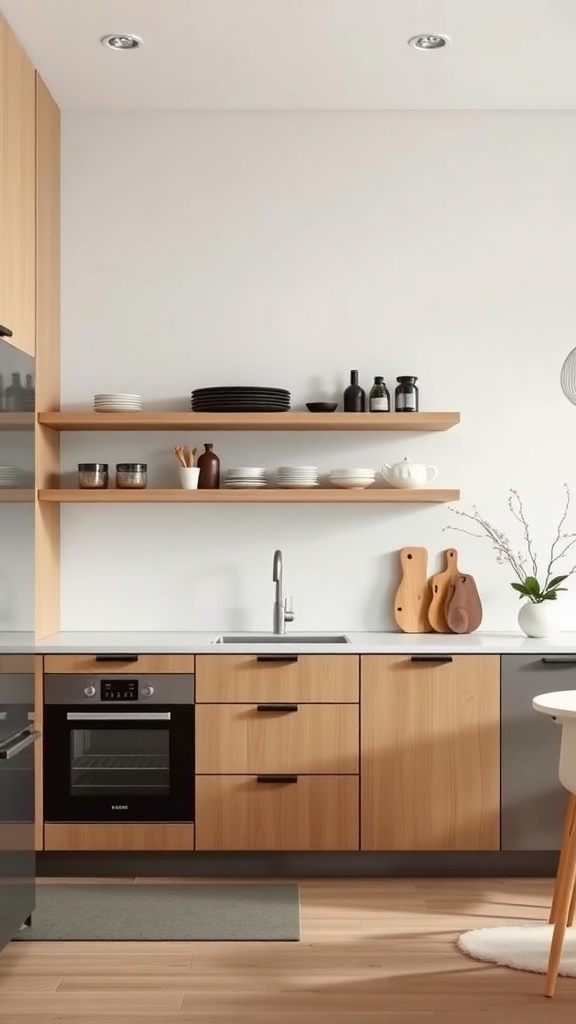 A minimalist Scandinavian kitchen featuring wooden cabinetry, open shelves with dishes, and a modern sink.