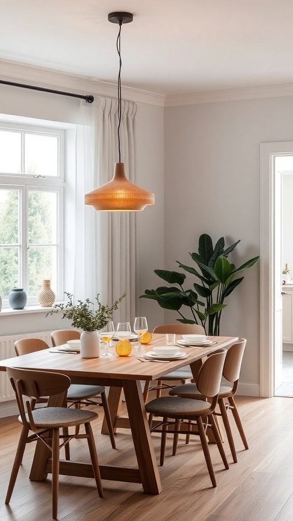 A cozy dining area featuring a modern pendant light, wooden table, and plants.