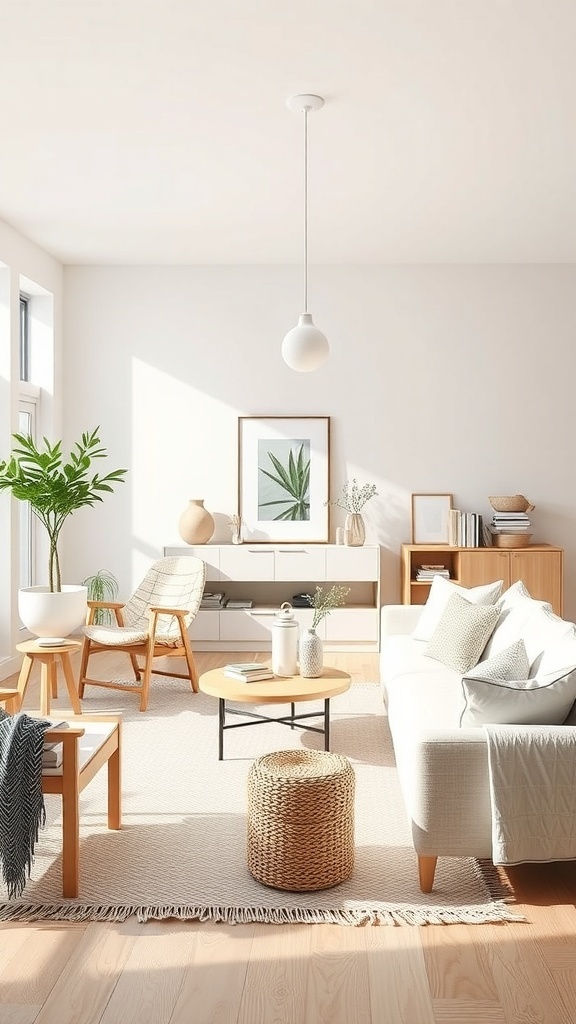 A bright and cozy Scandinavian-style living room featuring neutral colors, natural light, and minimalistic furniture.