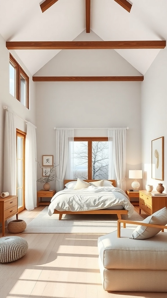 A serene Japandi bedroom featuring light wood furniture, large windows, and a cozy atmosphere.