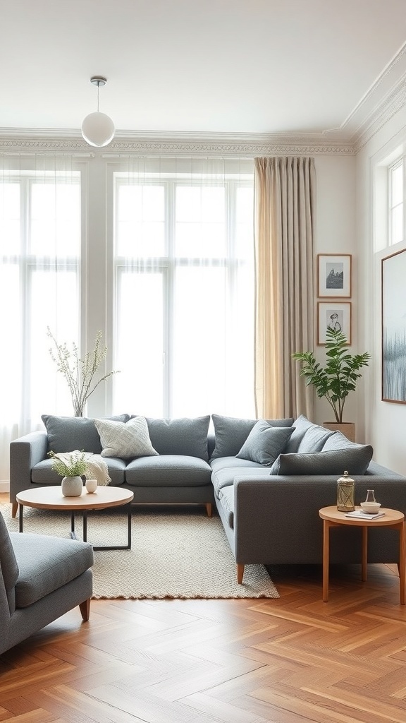 A stylish Scandinavian living room featuring a grey sofa, wooden flooring, and large windows with natural light.