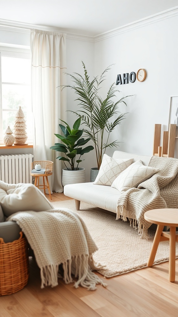 Cozy Scandinavian textiles in a minimalist interior with plants and neutral colors.
