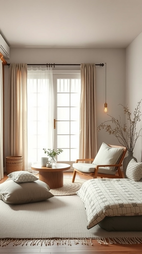 A minimalist living room featuring Scandinavian textiles with soft cushions and light curtains.