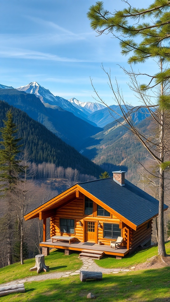 A cozy wooden cabin with a porch, set against a backdrop of mountains and trees.