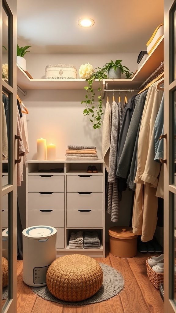 A cozy walk-in closet featuring soft lighting, plants, and an air purifier.