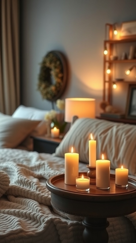 Cozy bedroom with lit candles on a table, creating a warm and inviting atmosphere.