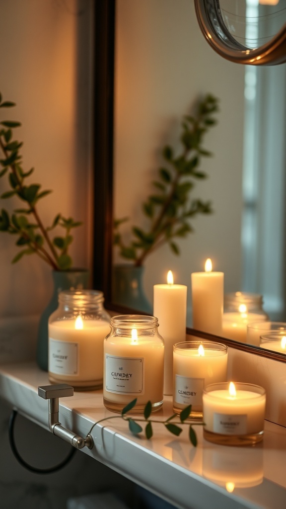 A cozy bathroom shelf with scented candles, a plant, and a soap dispenser.