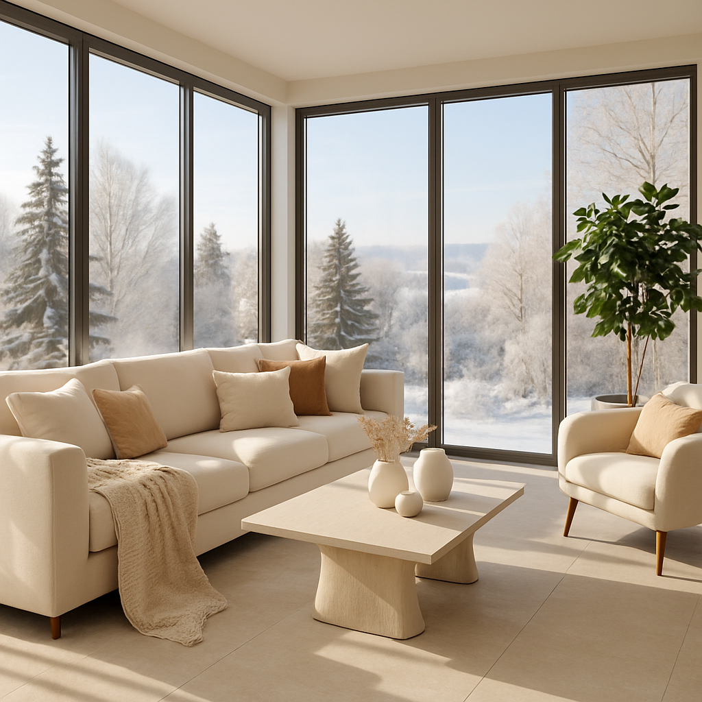 Ein moderner Wintergarten mit großen Fenstern, einem gemütlichen Sofa und Blick auf eine verschneite Landschaft.