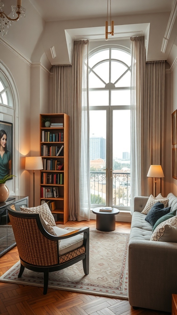 Gemütliche Leseecke mit Sessel und Bücherregal in einem stilvollen Wohnzimmer
