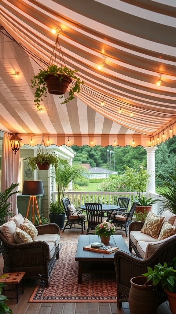 Gemütliche Terrasse mit gestreifter Überdachung und warmen Lichtern, eingerahmt von Pflanzen und bequemen Möbeln.