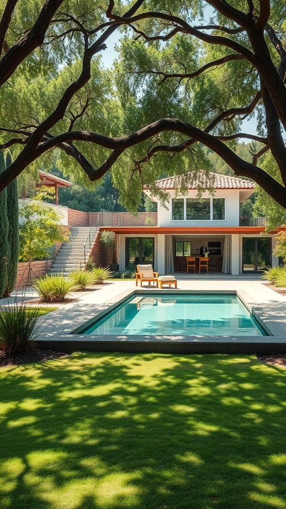 Ein Garten mit einem Pool, umgeben von schattenspendenden Bäumen.