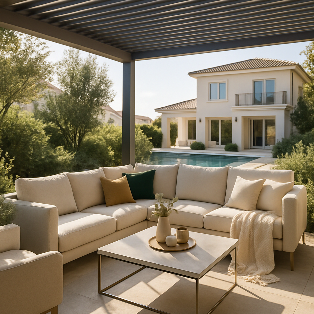 Stilvolle Outdoor-Lounge unter einer Pergola mit bequemen Sofas und einem Tisch.