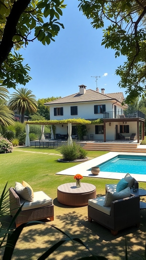 Gemütliche Terrasse mit Sitzgelegenheiten und Pool im Garten