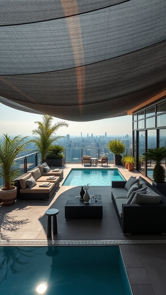 Eine elegante Dachterrasse mit Pools, bequemen Sofas und einem großen Sonnenschutz, umgeben von Pflanzen und mit Blick auf die Stadt.