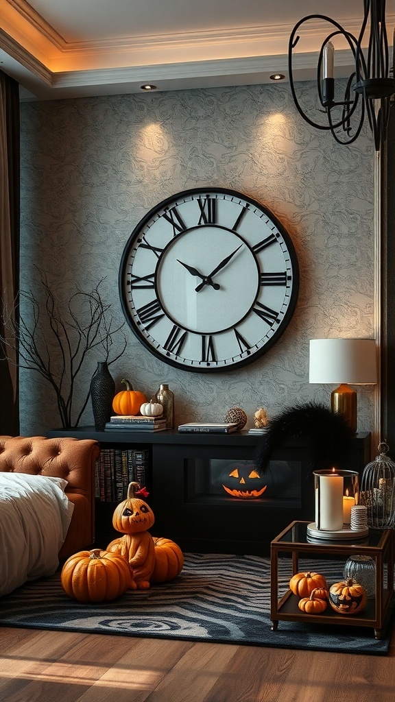 Eine stilvolle Wanduhr in einem luxuriösen Raum mit Halloween-Dekorationen, darunter Kürbisse und sanfte Beleuchtung.