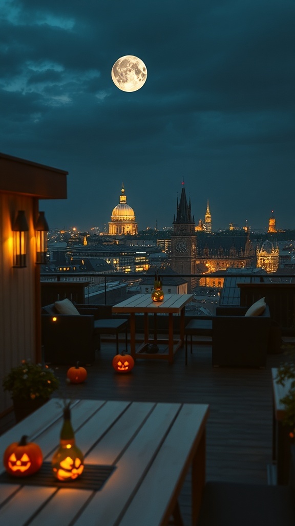 Dachterrasse mit gruseligem Film, Kürbissen und gemütlicher Atmosphäre