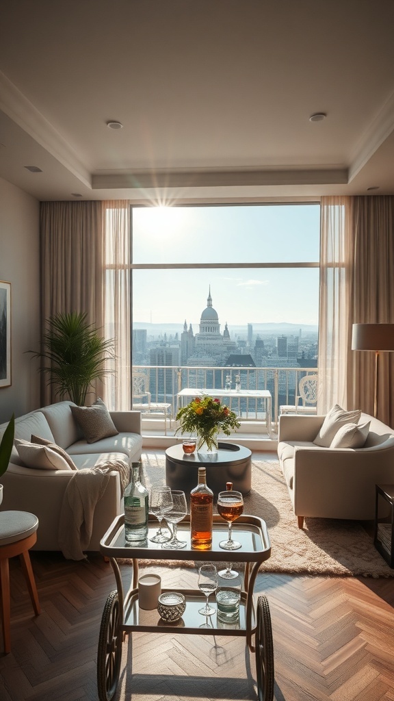 Eleganter Barwagen mit Getränken in einem stilvollen Wohnzimmer mit Blick auf die Stadt.