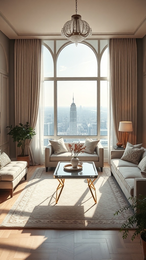 Ein stilvolles Wohnzimmer mit einem eleganten Couchtisch, Sofas und Blick auf die Stadt.