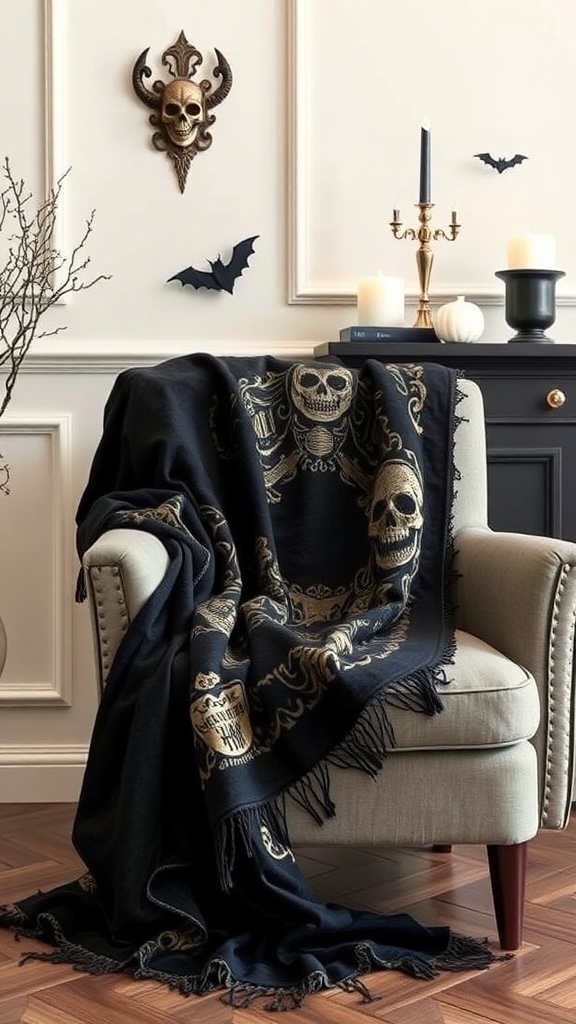 Eine schicke Halloween-Decke mit Totenköpfen auf einem Sessel in einem stilvollen Raum.