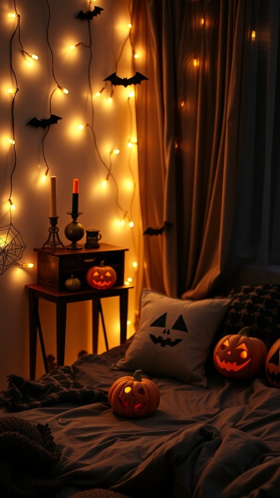 Gemütliche Halloween-Dekoration mit Lichterketten, Kürbissen und Fledermäusen