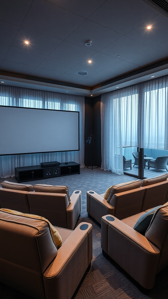 Ein modernes Heimkino mit bequemen Sesseln und einem großen Bildschirm.