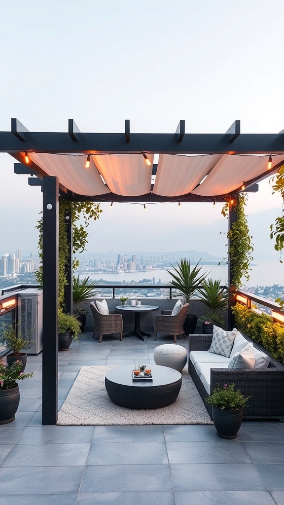 Moderne Dachterrasse mit eleganter Pergola, gemütlichen Möbeln und Pflanzen