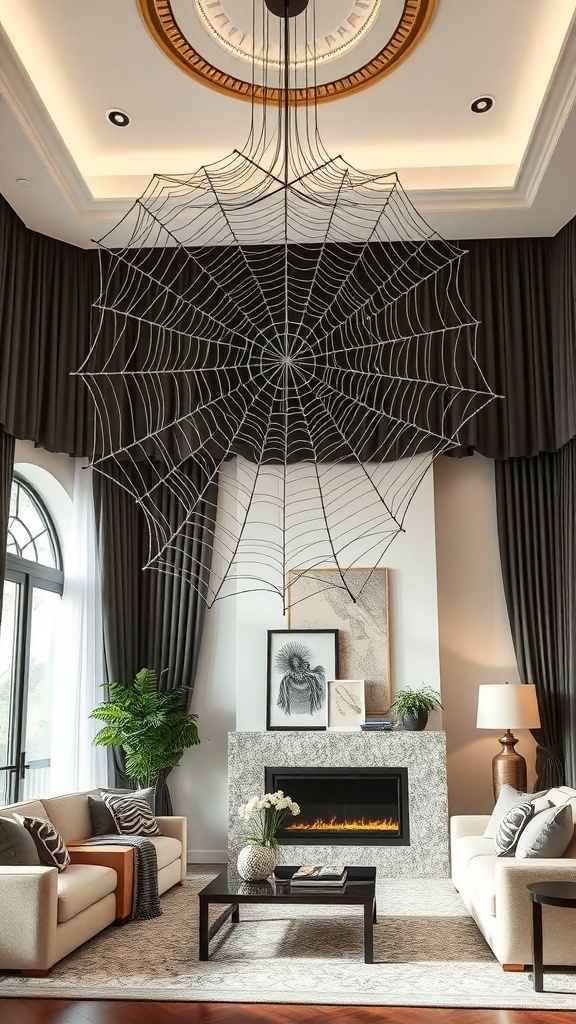 Ein stilvolles Spinnen-Netz hängt von der Decke in einem modernen Wohnzimmer.
