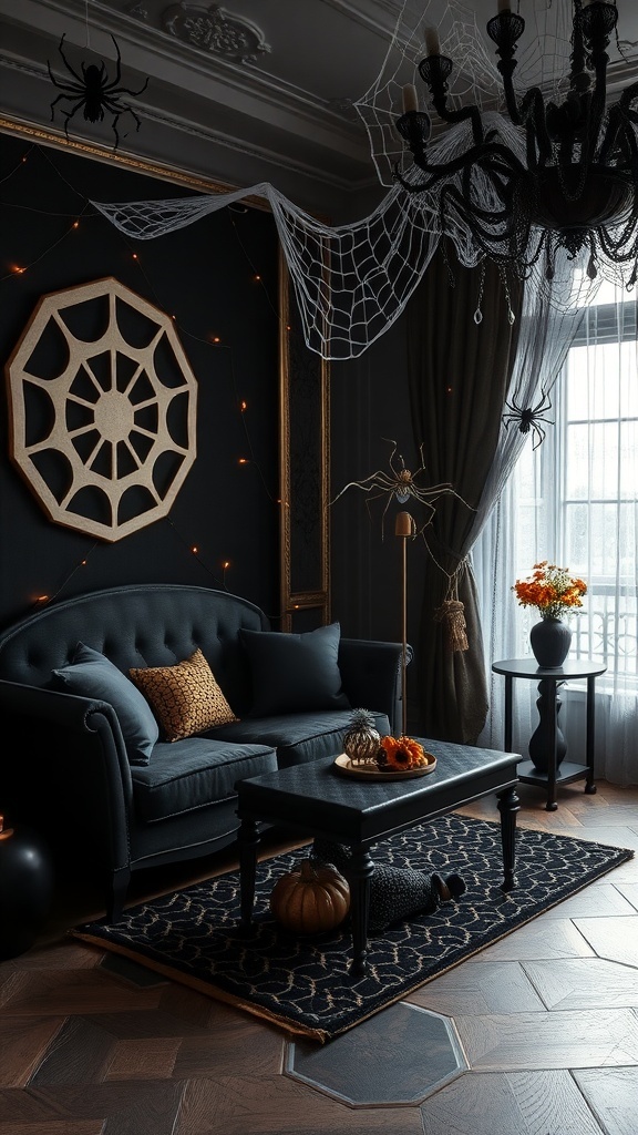 Ein stilvolles Wohnzimmer mit Spinnennetz-Dekoration für Halloween